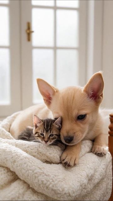 Милое дружество щенка и котенка #щенки #котята #друзья