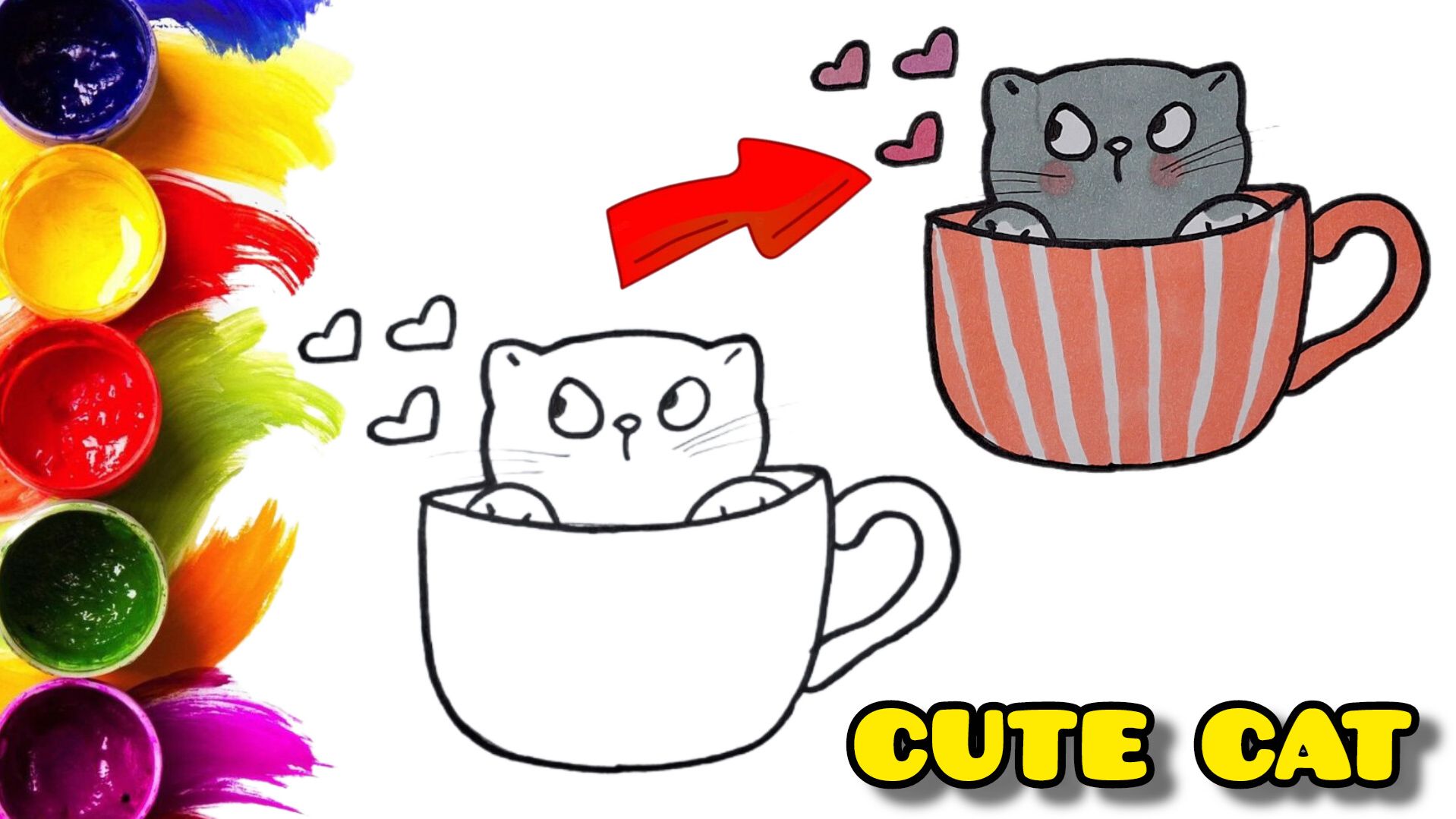 Как легко нарисовать милого котика в чашке 