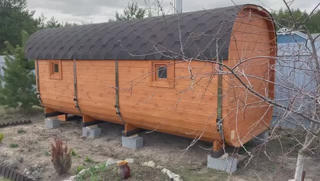 Баня бочка "Квадро" 5.5 метров с козырьком купить в Арзамасе. смотреть онлайн