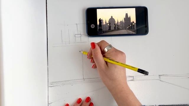 Предварительный рисунок. Фронтальная и угловая перспектива с 1 точкой схода на примере Карлова Мост смотреть онлайн