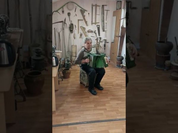 Разиф Габдуллин играет на гармони- экспонате музея Евгения Салмина.