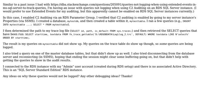 Databases: Some queries not logging using RDS's SQL Server with C2 Auditing enabled смотреть онлайн