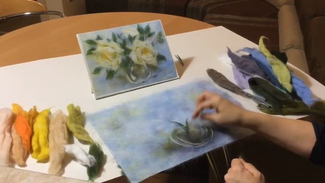 Картина из шерсти своими руками! Рисуем нежный букет роз в стеклянной вазе. смотреть онлайн