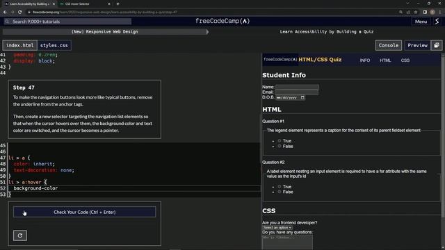 learn2code | freeCodeCamp (New) Responsive Web Design  -  Building a Quiz: Step 47