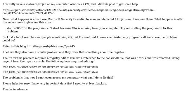 stop: c0000135 the program can't start because %hs is missing смотреть онлайн