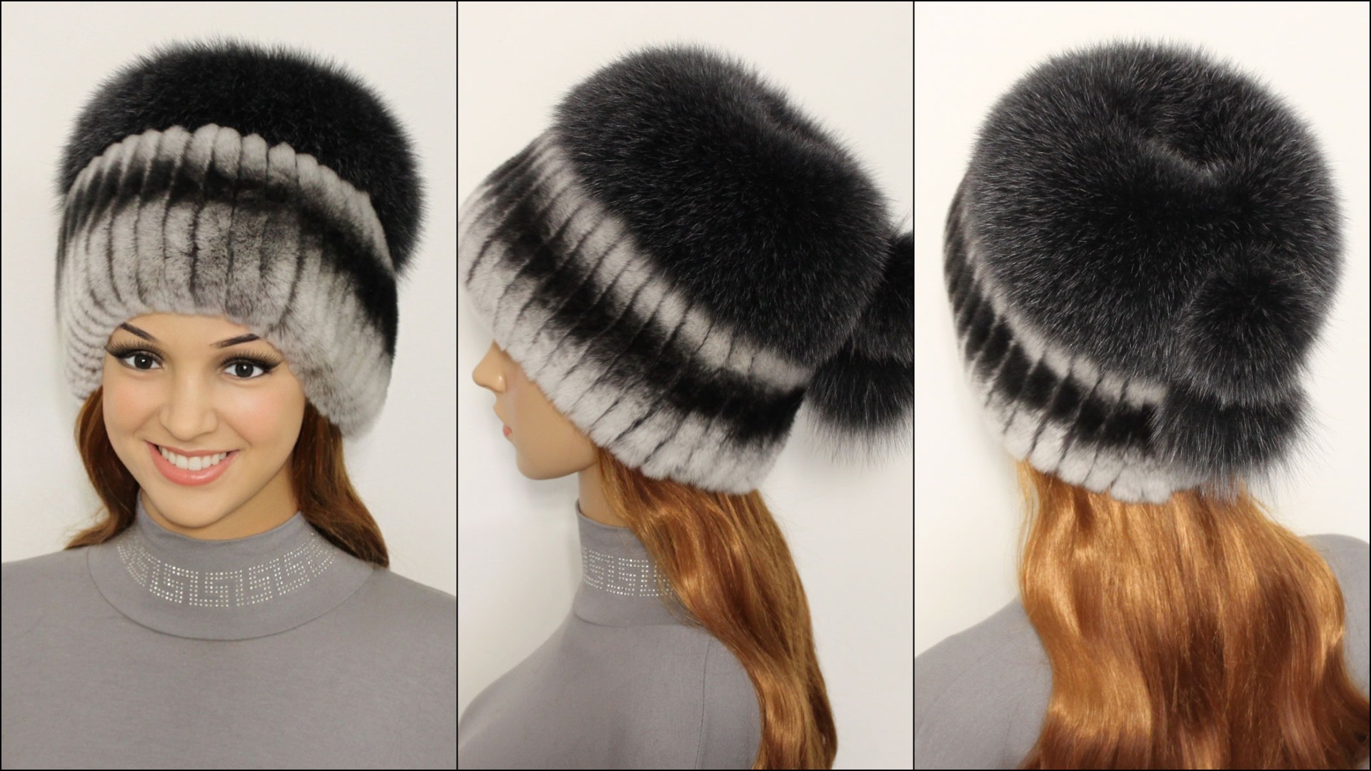 Женская шапка "Кубанка" вариант 7 из меха кролика "Рекс" цвет - шиншилла и песца цвет - млечный путь