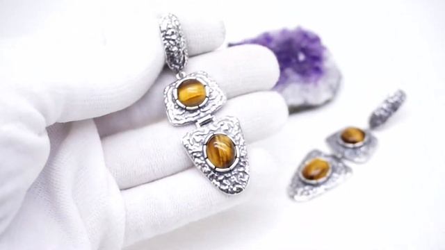 Серьги "Ренедэ" с тигровым глазом посеребрение 12мк натуральные камни чеканка большие длинные 3341