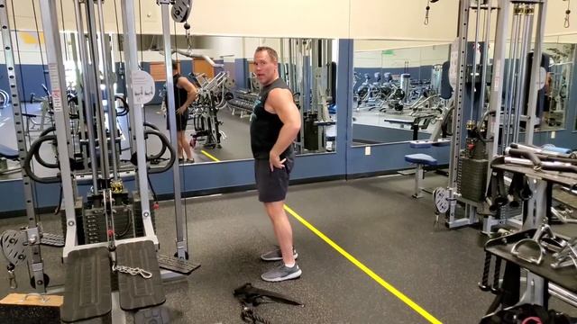 triceps extension: leaning forwards on swivel pulley split strap rope or fat grip