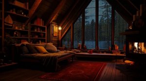 Cozy Cabin with Cozy Fireplace on Rain Day with Rain Sounds to Meditate, Sleep & Relaxation