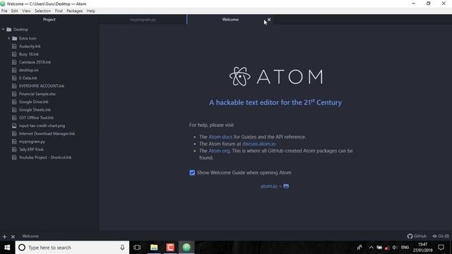 first program with atom text editor and open with python setting in hindi 2019
