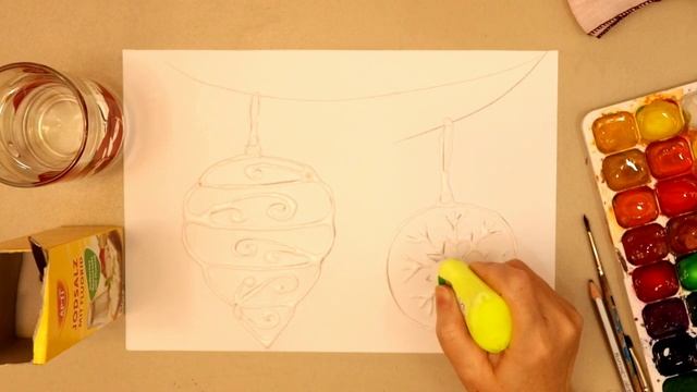 РИСУНОК НОВОГОДНИХ ИГРУШЕК СОЛЬЮ И АКВАРЕЛЬНЫМИ КРАСКАМИ?❄️?️