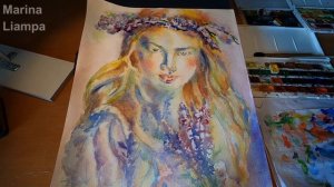 Watercolor painting - portrait. Girl with lavender.