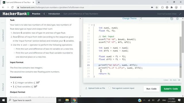 HackerRank Solution: Sum and Difference of Two Numbers in C