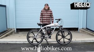 Helio Supernatural 4 stroke Motorized Bicycle with 49cc Honda GXH50 and USA built gearbox. 150  MPG