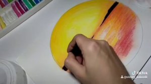 рисуем масляной пастелью в круге , закат ,деревья