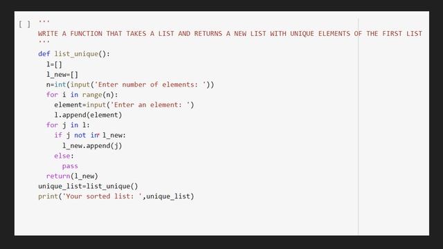 Write a function that takes input a list and returns new list of it's unique elements | PYTHON