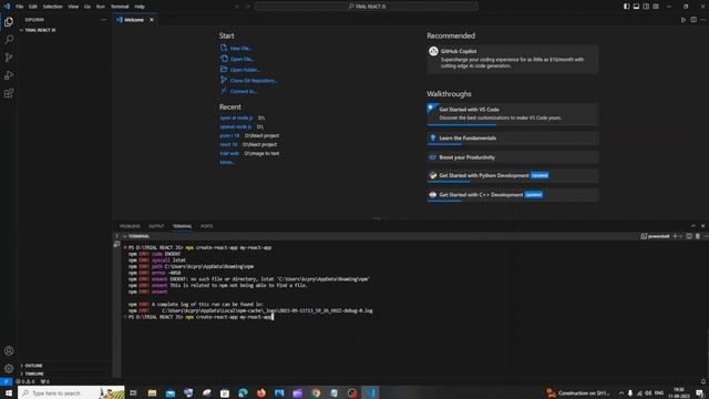 Npx create-react-app not working error in Visual Studio Code React JS SOLVED by using 3 ways