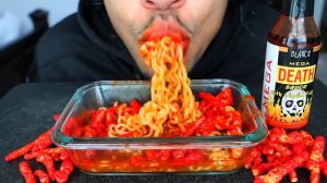 ASMR MEGA DEATH SAUCE ATOMIC SPICY NUCLEAR FIRE NOODLES EATING CHALLENGE HOT CHEETOS MUKBANG JERRY