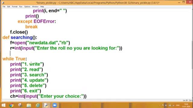 Python Tutorials || File Handling || Binary files || Menu Driven Program || Part-6 ||CBSE Class 12t