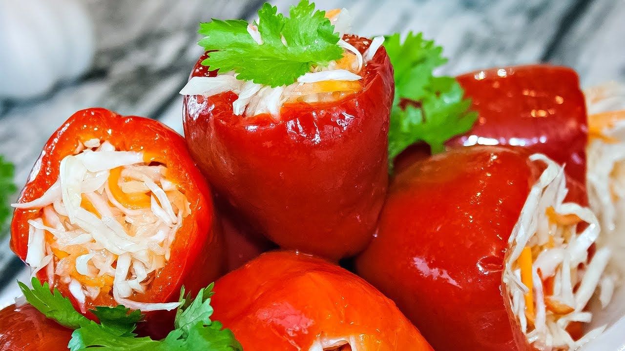 МАРИНОВАННЫЙ ПЕРЕЦ, ФАРШИРОВАННЫЙ КАПУСТОЙ.  Домашняя еда.