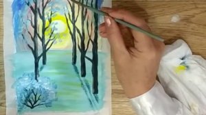 ЗИМНИЙ РИСУНОК для детей 3. Как нарисовать зимний пейзаж гуашью Tree Winter Рисуем вместе с детьми