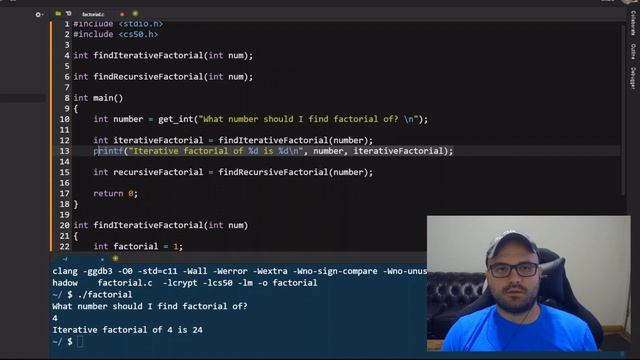 Factorial (iterative & recursive solution) in C смотреть онлайн