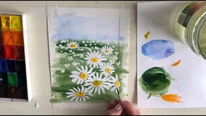 Летняя поляна с ромашками акварелью. Поэтапное рисование для начинающих