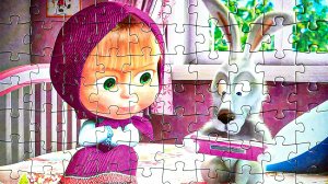 Маша и Медведь собираем пазл для детей. Маша и заяц смотрят мультики