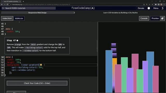 Learn CSS | FreeCodeCamp Learn CSS Variables by Building a City Skyline - Step 47