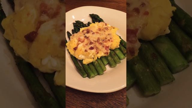 Seared Asparagus Topped with Scrabbled Eggs & Creamy Parmesan Bacon Sauce