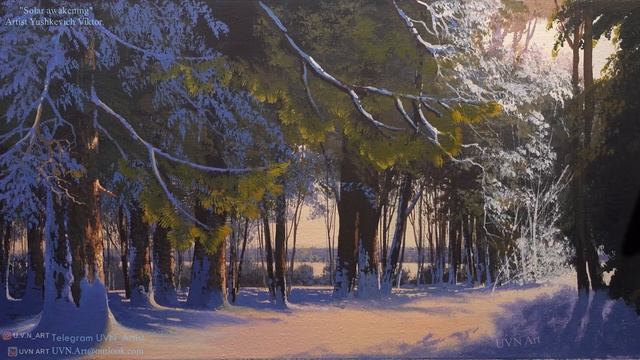 Acrylic Landscape Painting - Solar awakening / Winter landscape. Drawing lesson. Painting. смотреть онлайн
