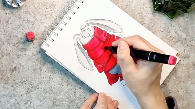 Заяц в шарфе. Новогодний рисунок / Bunny in a scarf - New Year's sketches with markers
