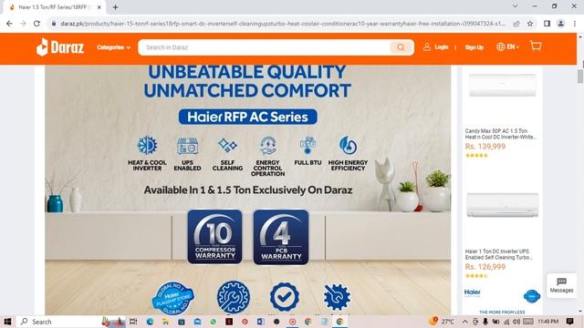 Haier 1 5 TonRF Series18RFP Smart DC Inverter+Self Cleaning+UPS+Turbo Heat & CoolAir ConditionerAC1 смотреть онлайн