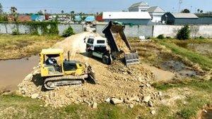 Incredible Unloading Strongly Komatsu Dozer Clear Plantation To Filling Up Water Place With Dump