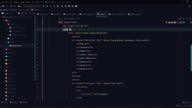 #22.  PHP library  management - admins data retrieve