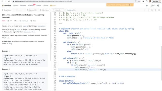 Leetcode 2334. Subarray With Elements Greater Than Varying Threshold - Union-Find solution смотреть онлайн