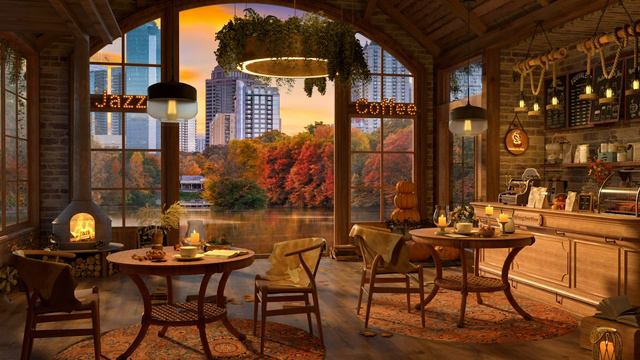 Autumn Evening 4K Cozy Coffee Shop Ambience ☕ Smooth Jazz Music to Relax/Study/Work to смотреть онлайн