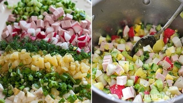 Окрошка классическая с колбасой на кефире