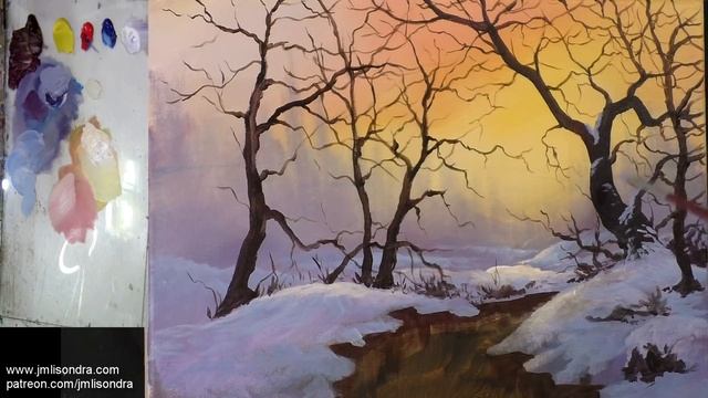Acrylic Landscape Painting TUTORIAL / Sunrise on Winter Forest / JMLisondra смотреть онлайн