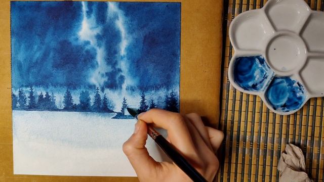 Как нарисовать НОЧНОЙ ПЕЙЗАЖ акварелью ~ Watercolor Starry Night Sky