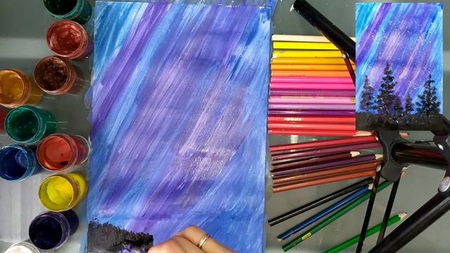 Рисуем Зимний ночной лес красками для начинающих