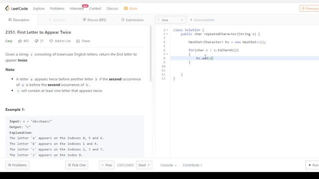 2351. First Letter to Appear Twice || In JAVA || Leetcode Problem #leetcode