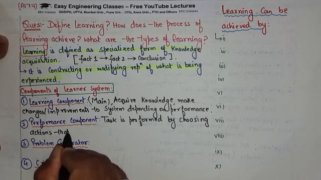 L78: Learning | Process, Components of Learner System | Artificial Intelligence Lectures in Hindi
