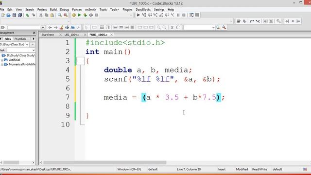 URI Online Judge 1005 Solution in C Programming Video