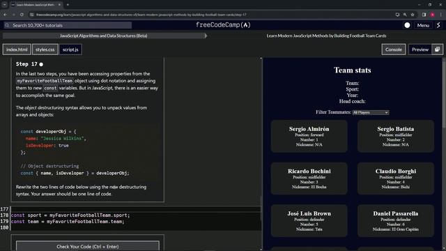 Learn Modern JavaScript Methods by Building Football Team Cards: Step 17 | freeCodeCamp | JavaScrip
