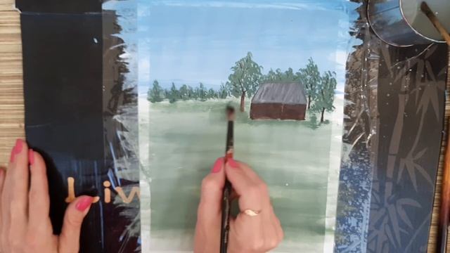 Как нарисовать пейзаж акрилом (деревенский пейзаж)