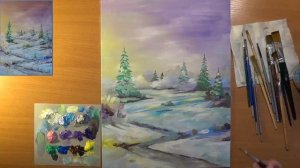 Как нарисовать зимний пейзаж. Зима акрилом. Зимнее утро. Акрил