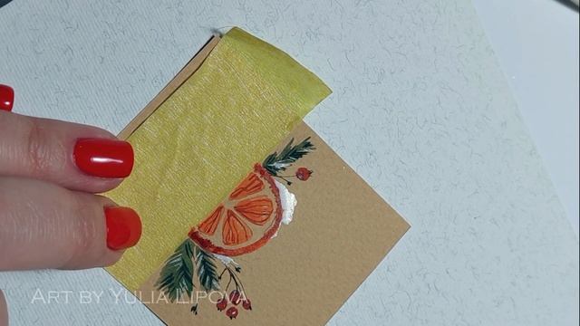 Как нарисовать зимний стилизованный мандарин с ёлочкой акварелью