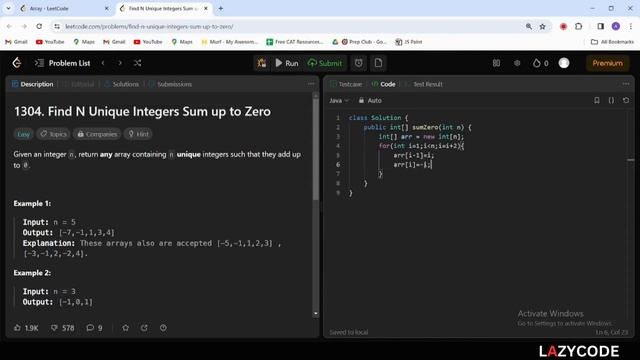 LeetCode in Java | Problem Solving in Arrays : Easy Question | Find N Unique Integers Sum up to Zer