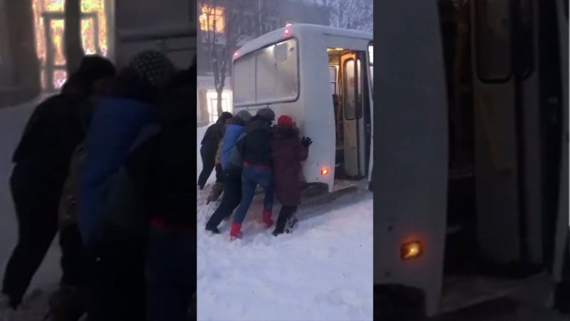 Люди сплотились, чтобы вытолкать автобус из снежного плена в Биробиджане